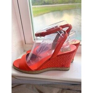 Tory Burch Marion Leather Quilted Wedge Strappy Sandals in Orange Women’s Size 9